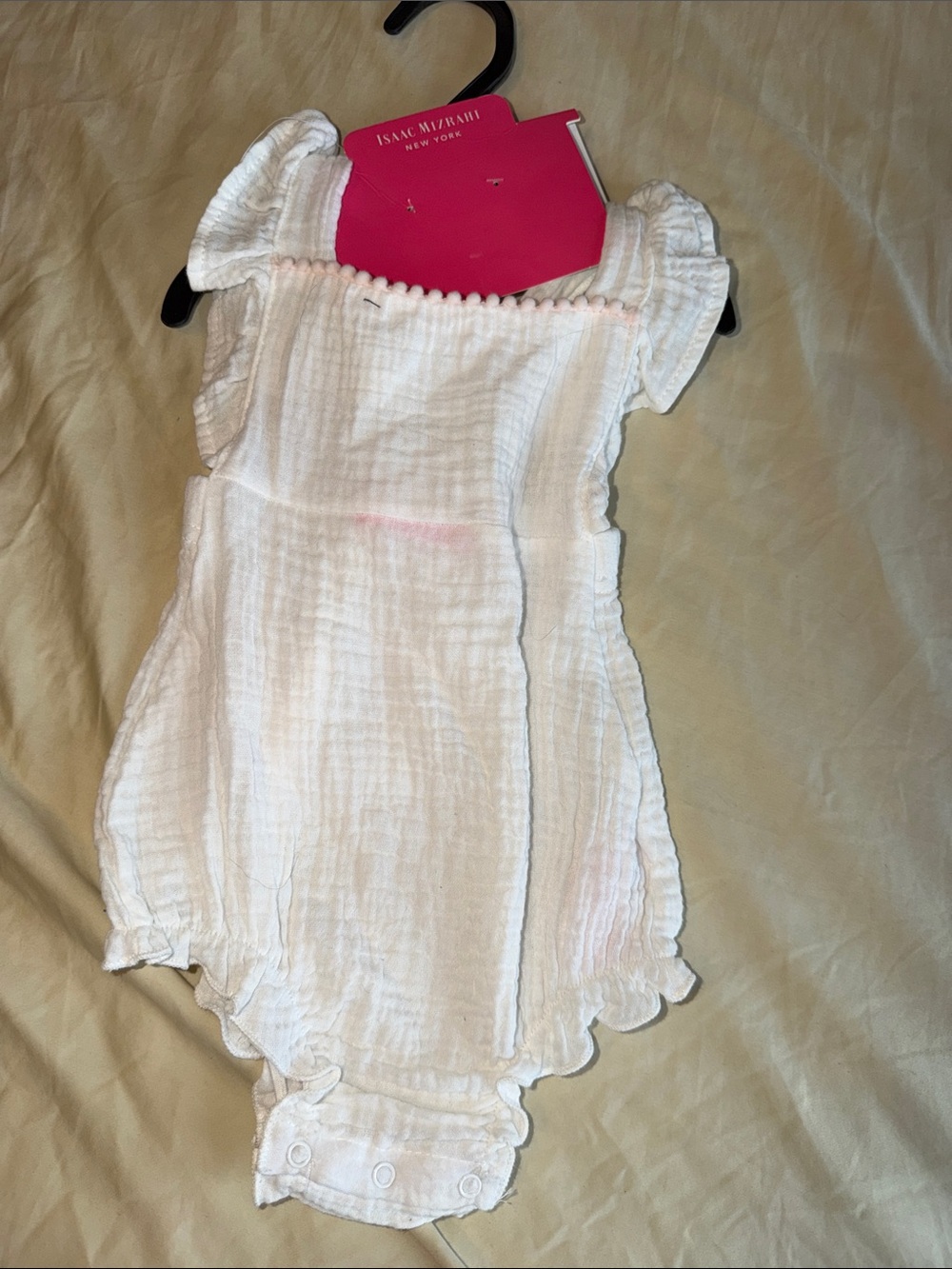 Isaac Mizrahi White Cotton Gauze Baby Romper with Pom Trim